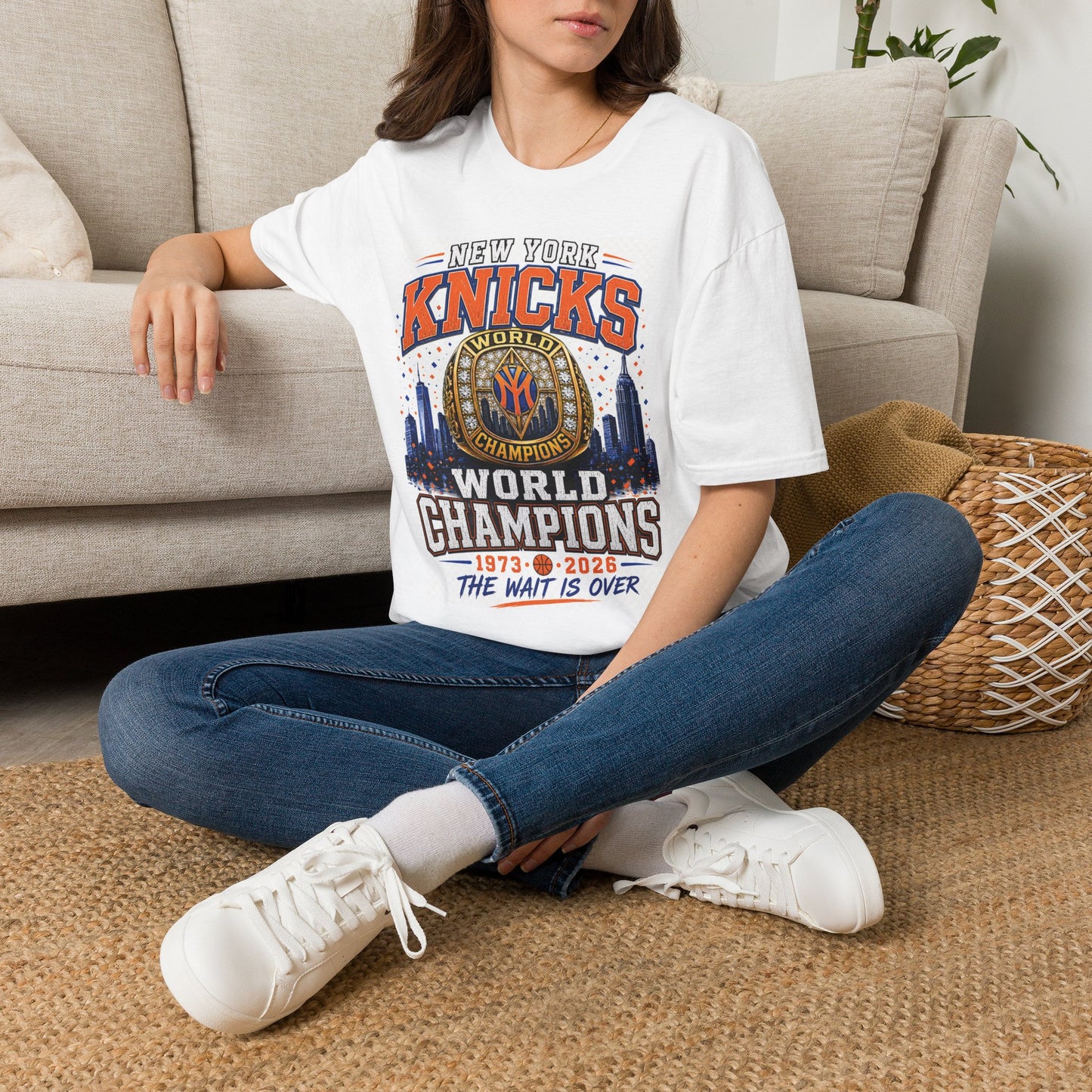 New York Knicks World Champions T-Shirt — The Wait Is Over (1973–2021)