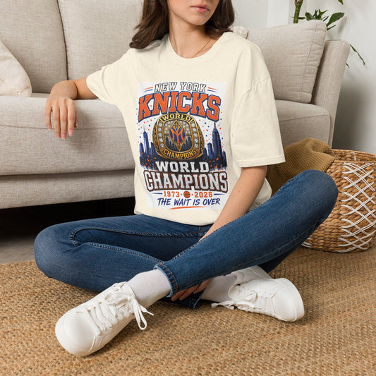 New York Knicks World Champions T-Shirt — The Wait Is Over (1973–2021)