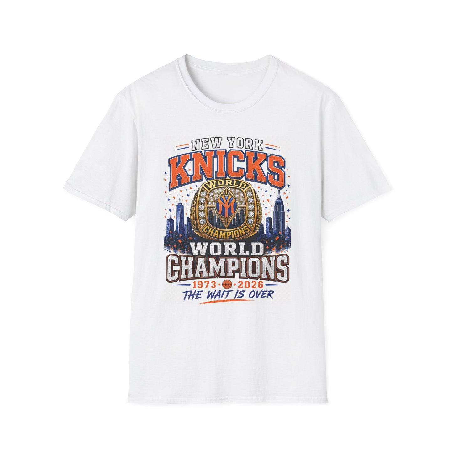 New York Knicks World Champions T-Shirt — The Wait Is Over (1973–2021)