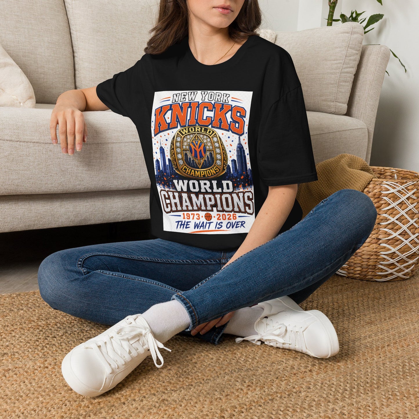 New York Knicks World Champions T-Shirt — The Wait Is Over (1973–2021)