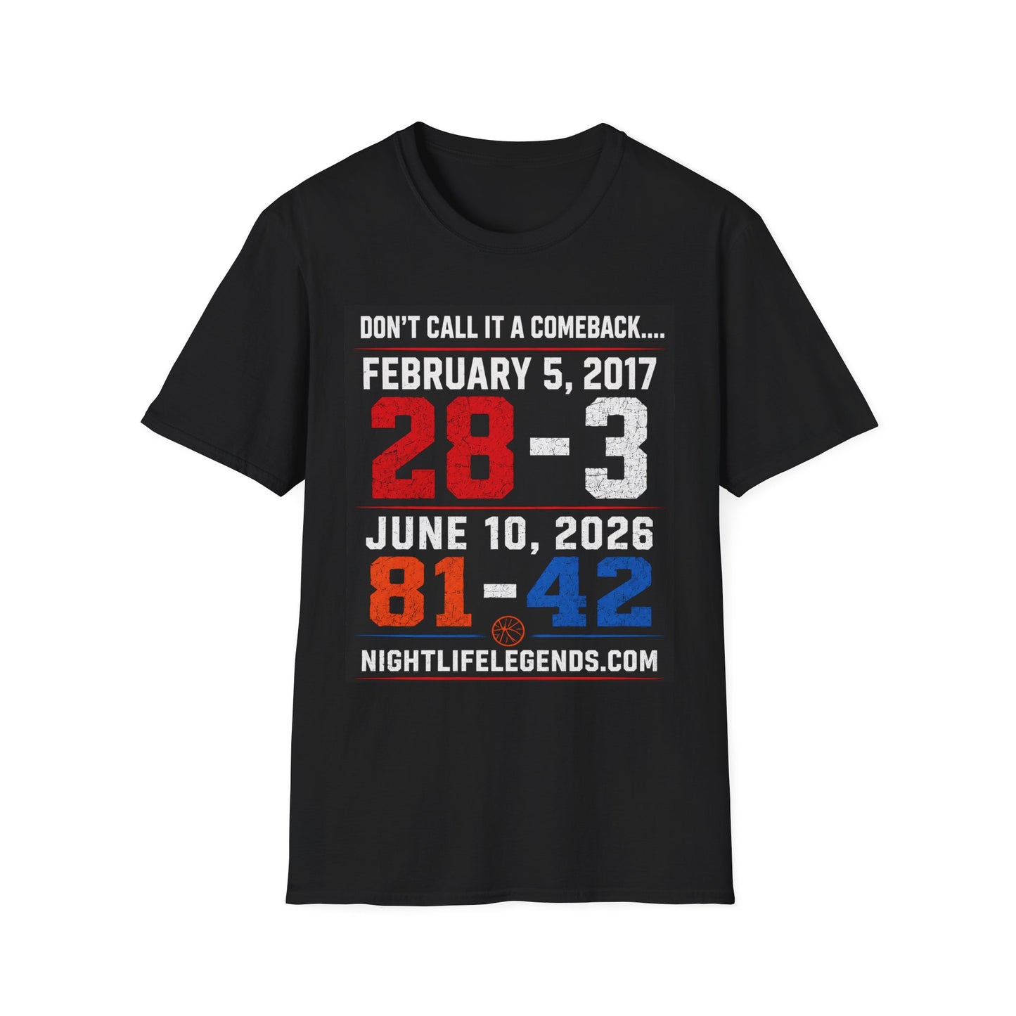 T-Shirt — 'Don't Call It a Comeback' Sports Rivalry Tee (Feb 5, 2017 • 28-3; Jun 10, 2026 • 81-42)