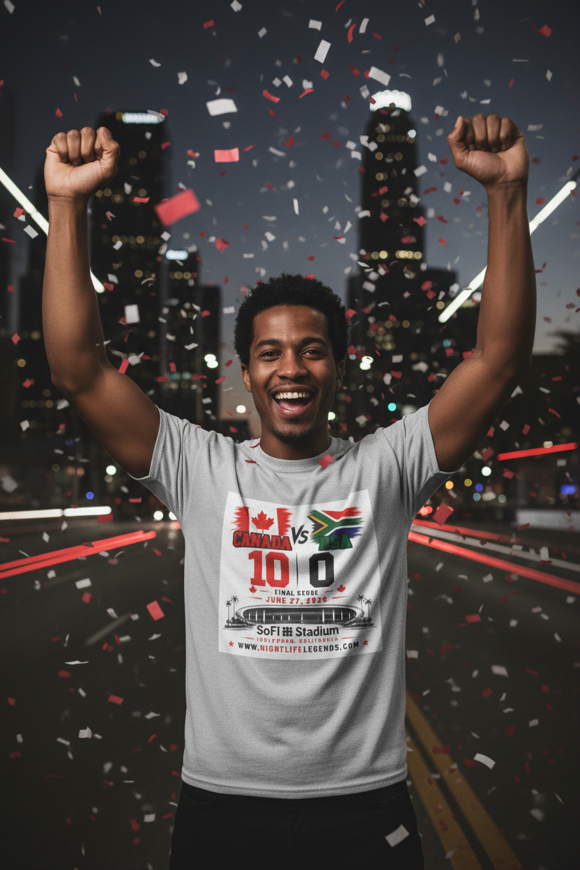 Canada Soccer fan celebrating team victory wearing the Canada 2026 tee